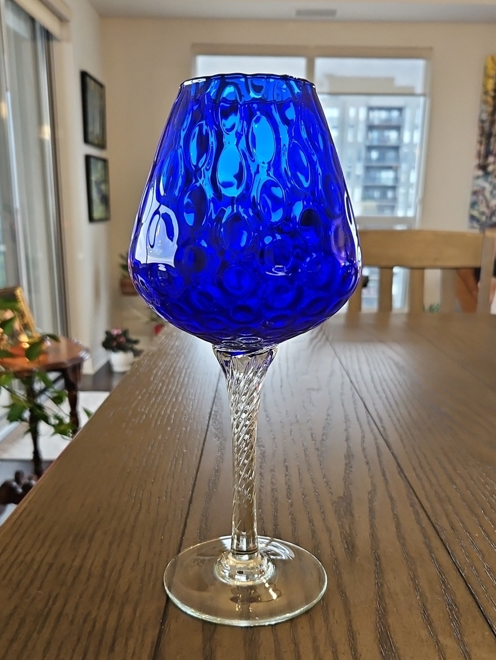 Vintage Cobalt Blue Handblown Glass Stem Goblet - Decorative Home Art